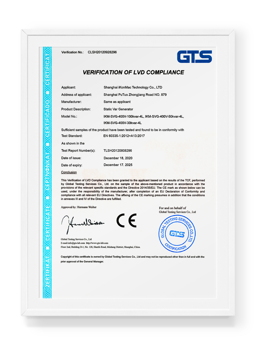 CE certificate for Ikonmac Static Var Generator showing compliance with EU safety and EMC directives