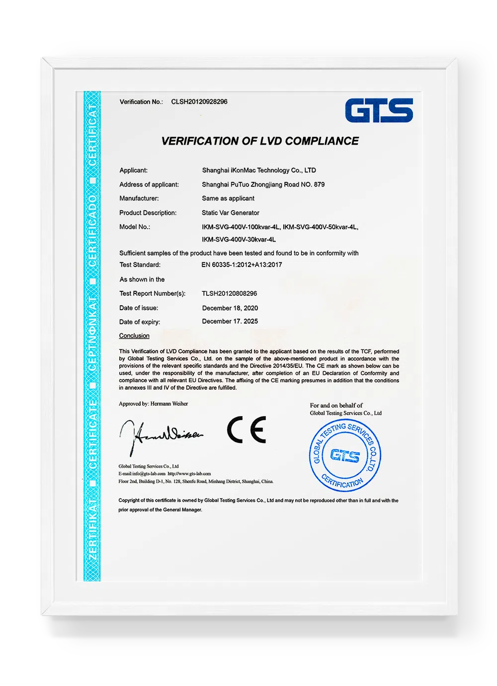 CE certificate for Ikonmac Static Var Generator showing compliance with EU safety and EMC directives