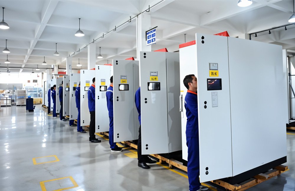 Ikonmac production line assembling high-voltage SVG cabinets with precision equipment and skilled technicians