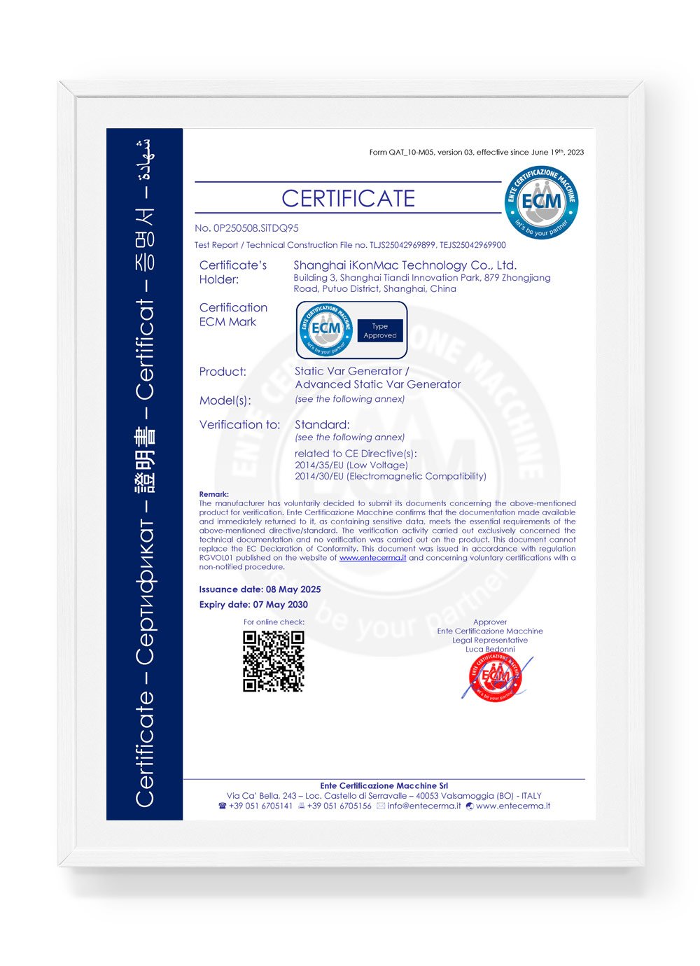CE certification for Ikonmac Static Var Generator system