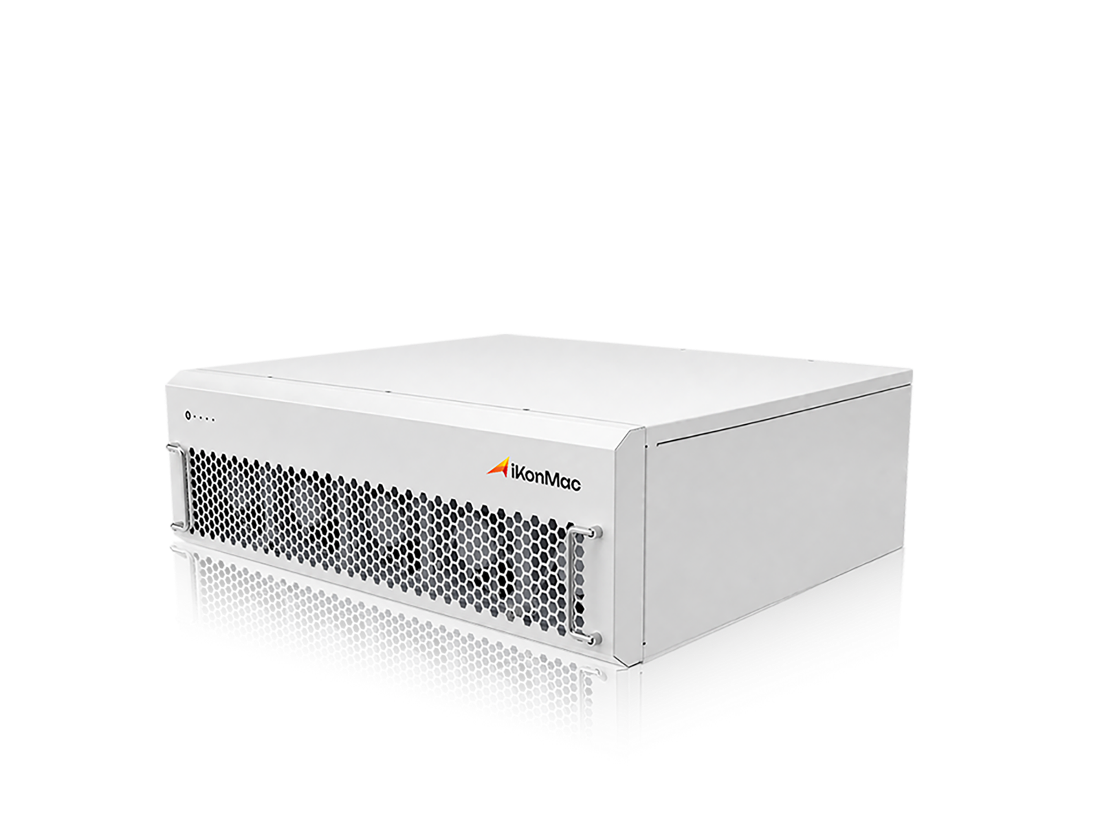 White industrial equipment enclosure with a perforated front grille and the iKonMac logo on the side panel.