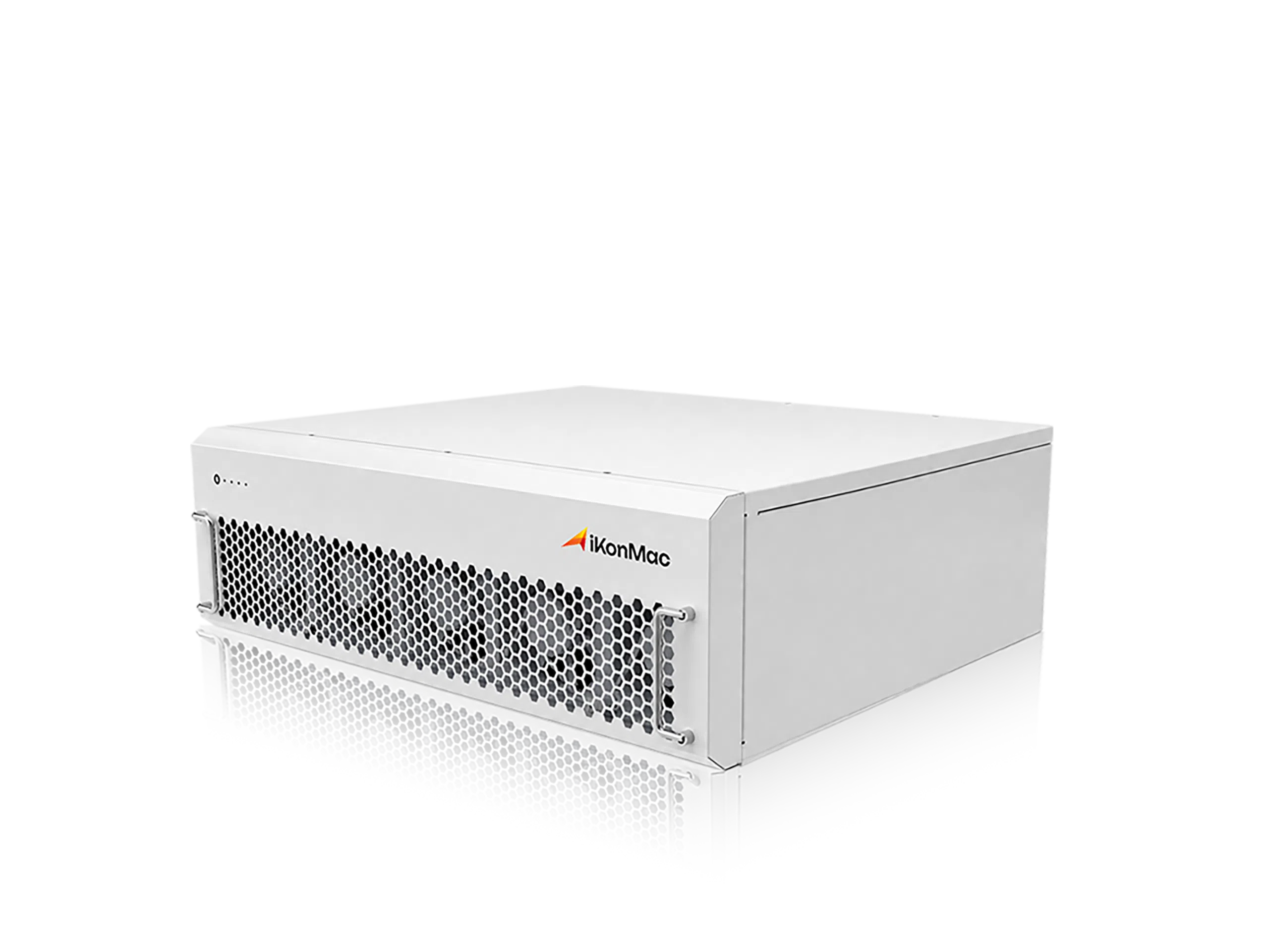 White industrial equipment enclosure with a perforated front grille and the iKonMac logo on the side panel.