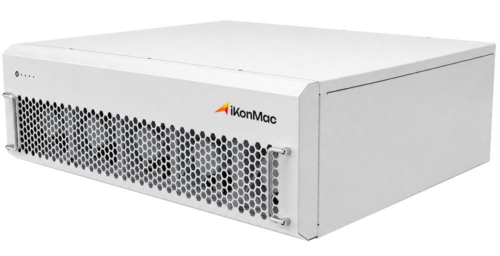 Front view of a gray iKonMac branded server/storage appliance with a honeycomb ventilation grille and side handles.