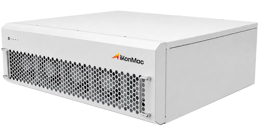 Front view of a silver iKonMac server appliance with a honeycomb vent front panel and side handles