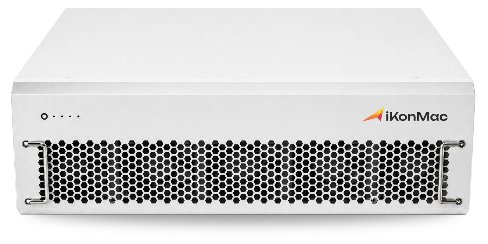Front view of a white server chassis with a hexagonal vent grille and iKonMac logo on the right, two metal handles on the sides, and small LED indicators on the left edge.