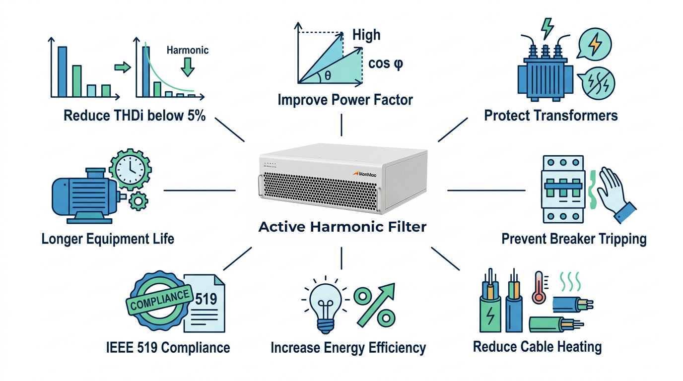 Active Harmonic Filter shown with eight benefit icons: reduce THDi, improve power factor, protect transformers, prevent breaker tripping, reduce cable heating, increase energy efficiency, IEEE 519 compliance, longer equipment life.
