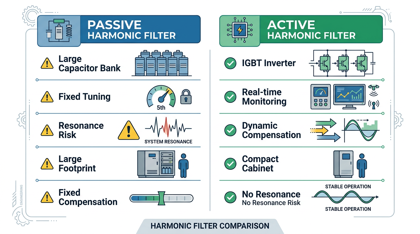 Infographic comparing passive and active harmonic filters, listing features such as Large Capacitor Bank, Fixed Tuning, Resonance Risk on the left and IGBT Inverter, Real-time Monitoring, Dynamic Compensation on the right.