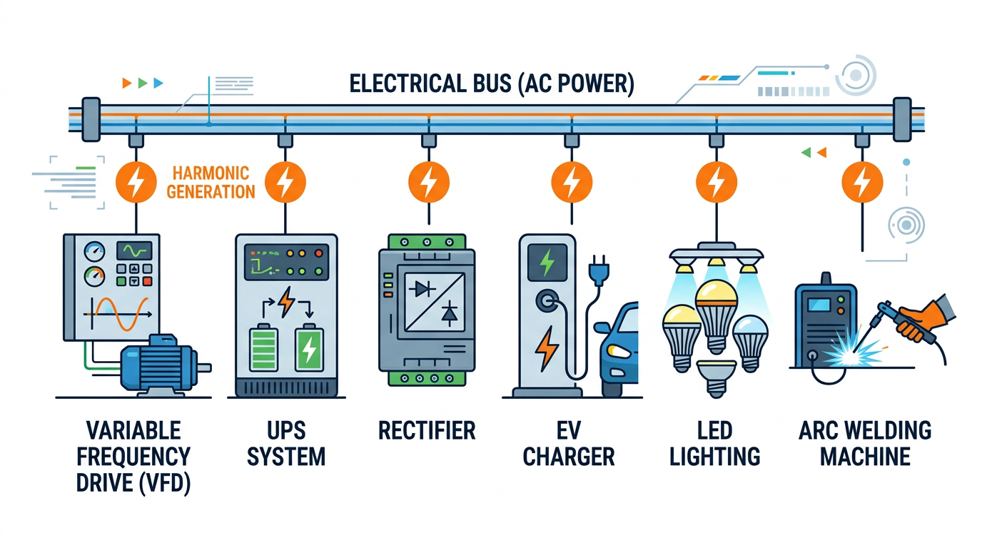 Diagram of an electrical power bus with six devices: VFD, UPS, rectifier, EV charger, LED lighting, and arc welding machine.