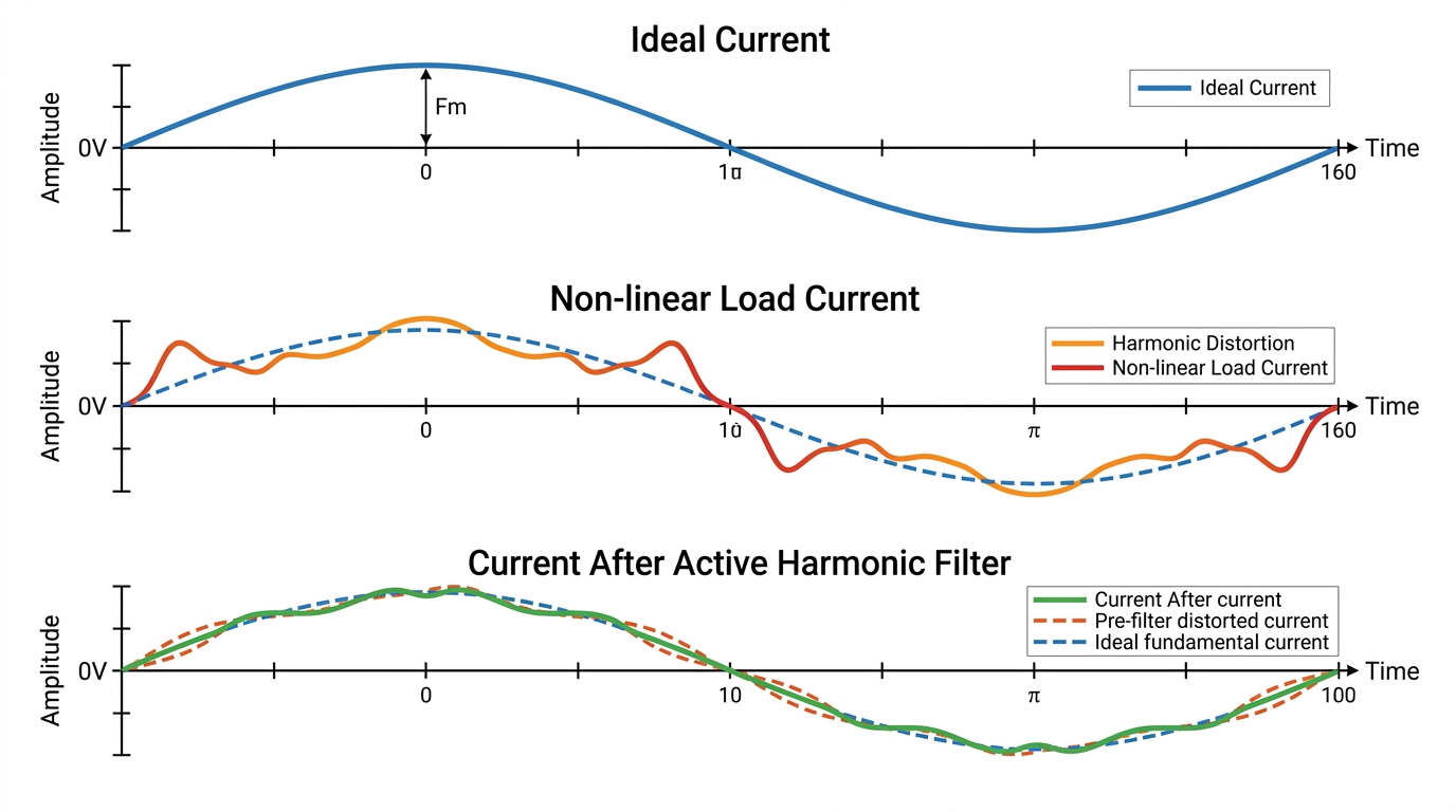 Three-panel diagram comparing (1) ideal sinusoidal current, (2) non-linear distorted load current with harmonic distortion, and (3) current after active harmonic filter with multiple reference currents in time-domain.