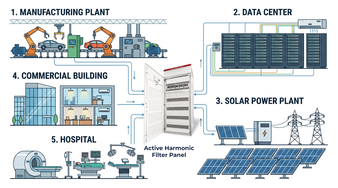Infographic showing five facilities connected to an Active Harmonic Filter Panel: Manufacturing Plant, Data Center, Solar Power Plant, Hospital, and Commercial Building linked to a central panel.