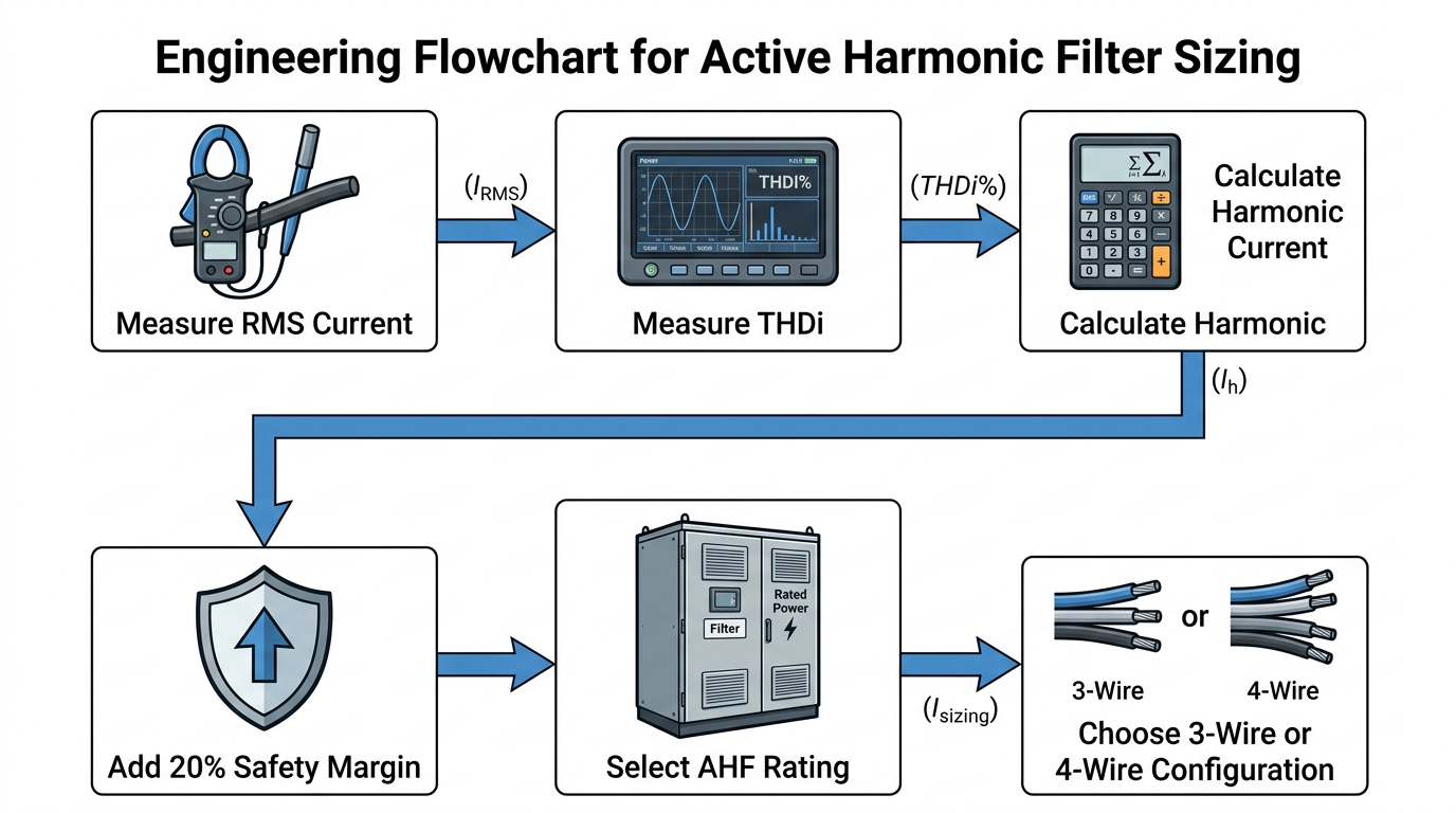 Flowchart: steps to size an active harmonic filter from measuring RMS current to choosing 3- or 4-wire configuration.