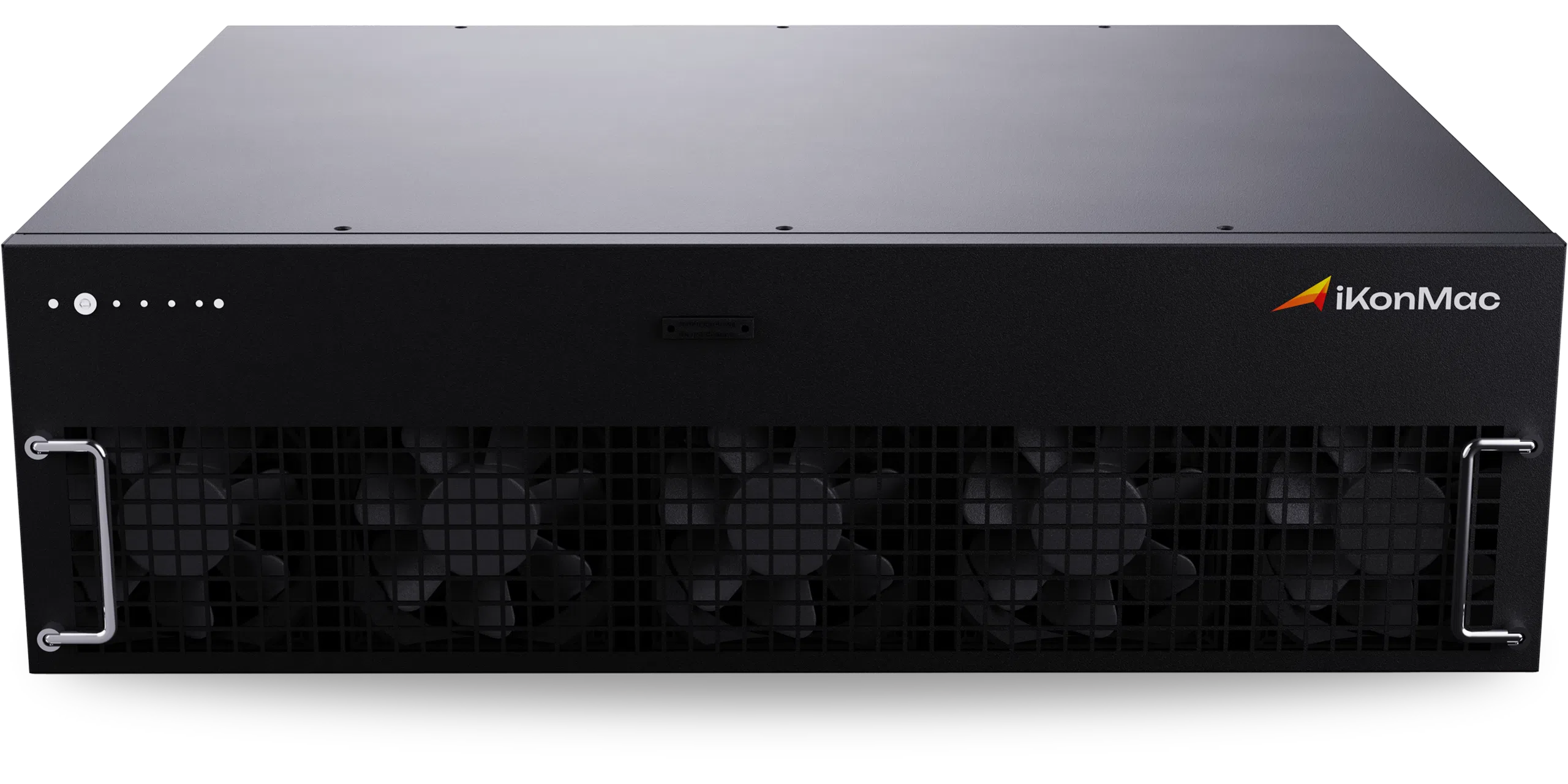 Front view of a black server rack with multiple cooling fans, handles, and the iKonMac logo.