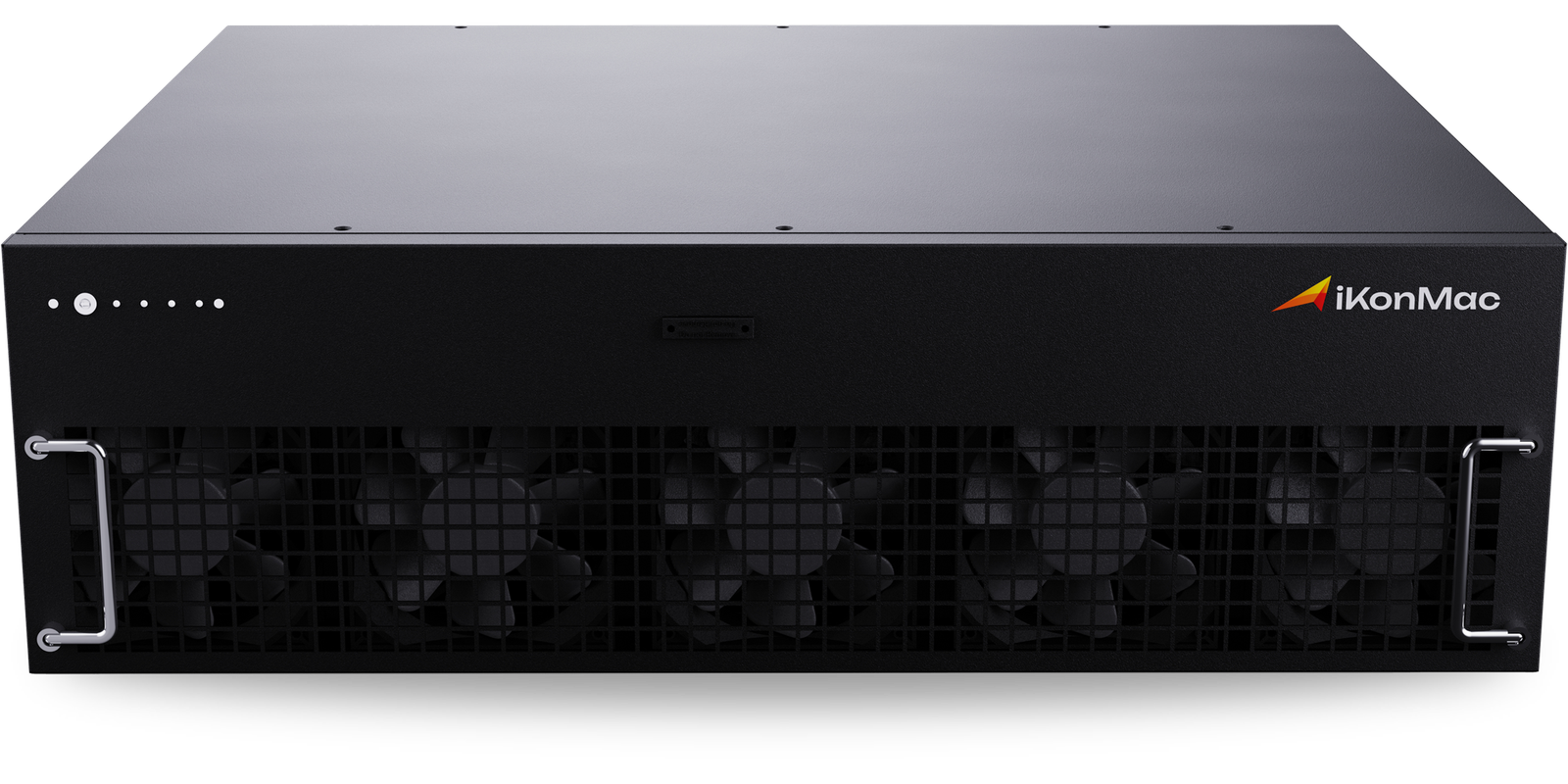 Front view of a black iKonMac server chassis with a perforated front grille and cooling fans visible behind the grid, plus the brand logo on the right edge, and two metal handles on the sides.