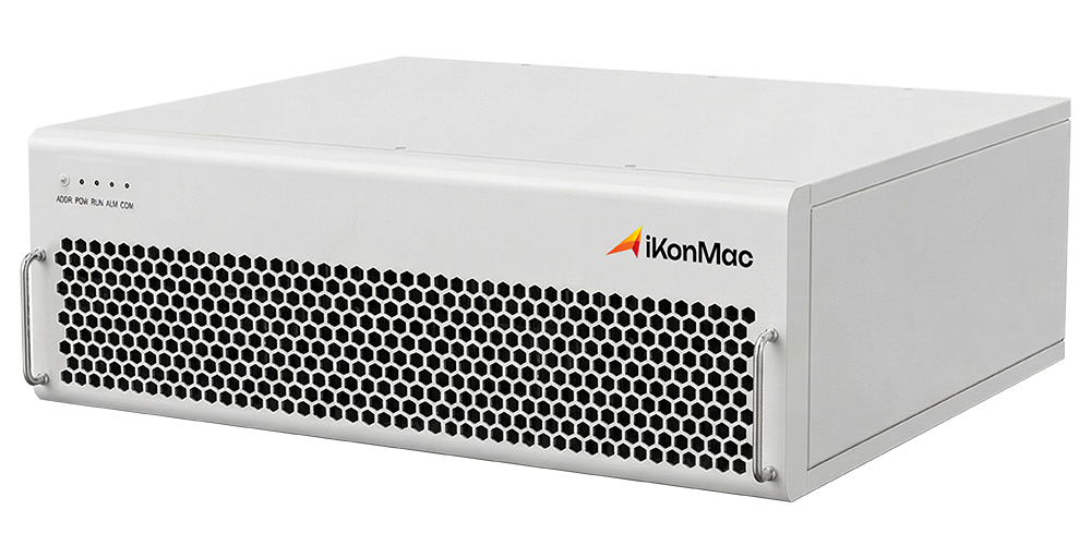 White IkonMac storage appliance with a honeycomb front grille and metal handles on both sides.
