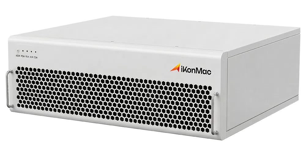 White IkonMac server with a honeycomb front grille and metal handles on both sides.
