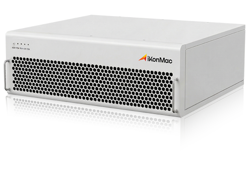Front view of a white IkonMac server rack with perforated vents and handles on the sides.