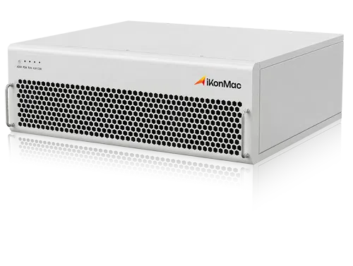 White IkonMac server appliance with perforated front ventilation panel and branding on the right side.