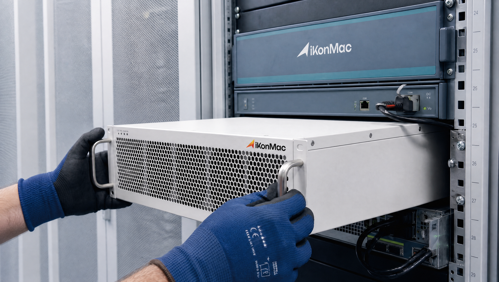 Technician in blue gloves sliding a perforated server module into a data center rack labeled iKonMac panels.