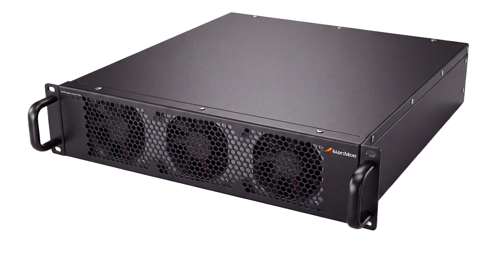 Black rack-mount server chassis with three front cooling fans and side handles behind a perforated front panel.