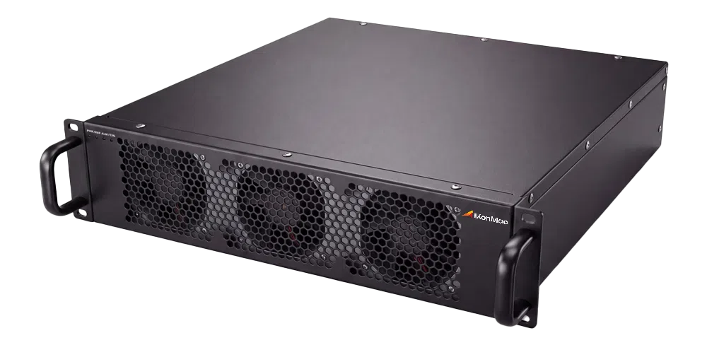 Black rack-mount server chassis with three front cooling fans and side handles behind a perforated front panel.